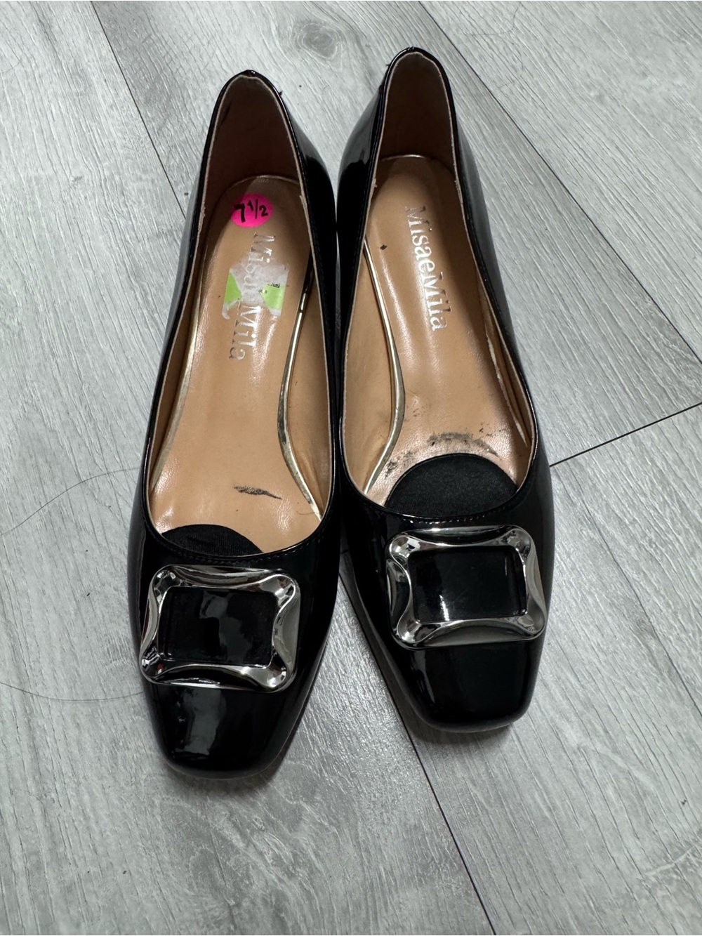 Black Patent Square-Toe Flats with Silver Buckle by